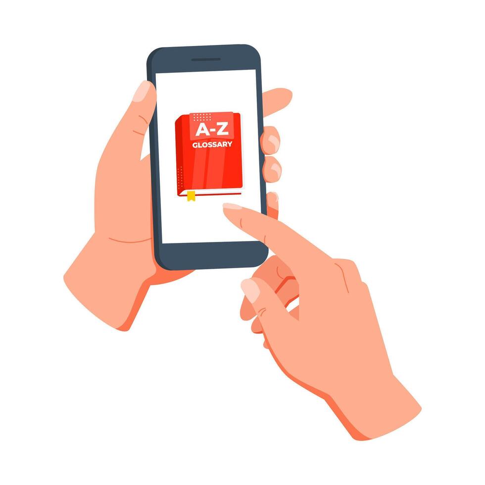 Hands holding a smartphone and browsing an online glossary, using a mobile app for reading and education vector