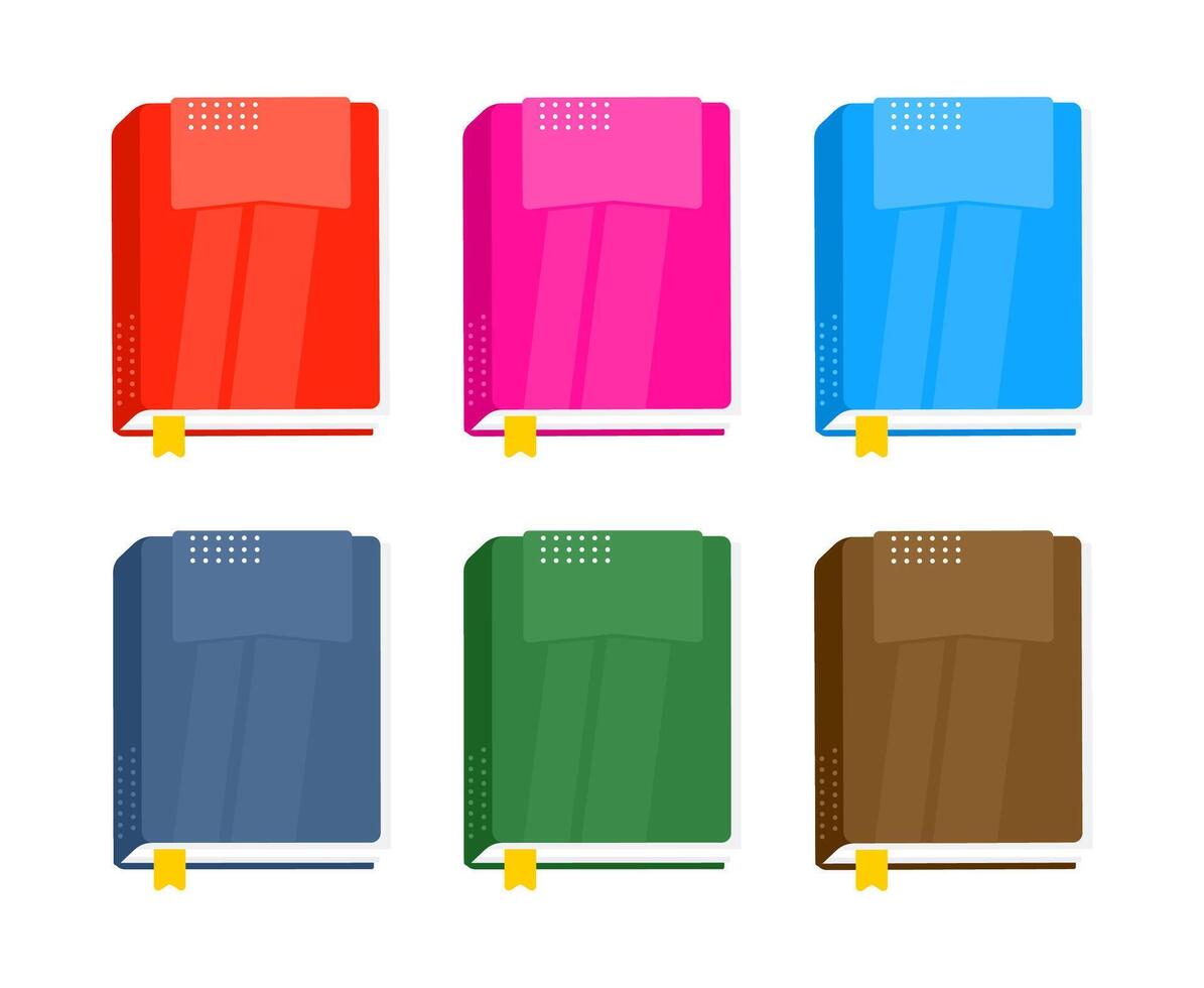 Six colorful bookmarks peek out from neat row of hardcover books standing upright on white background, perfect for back to school themes vector
