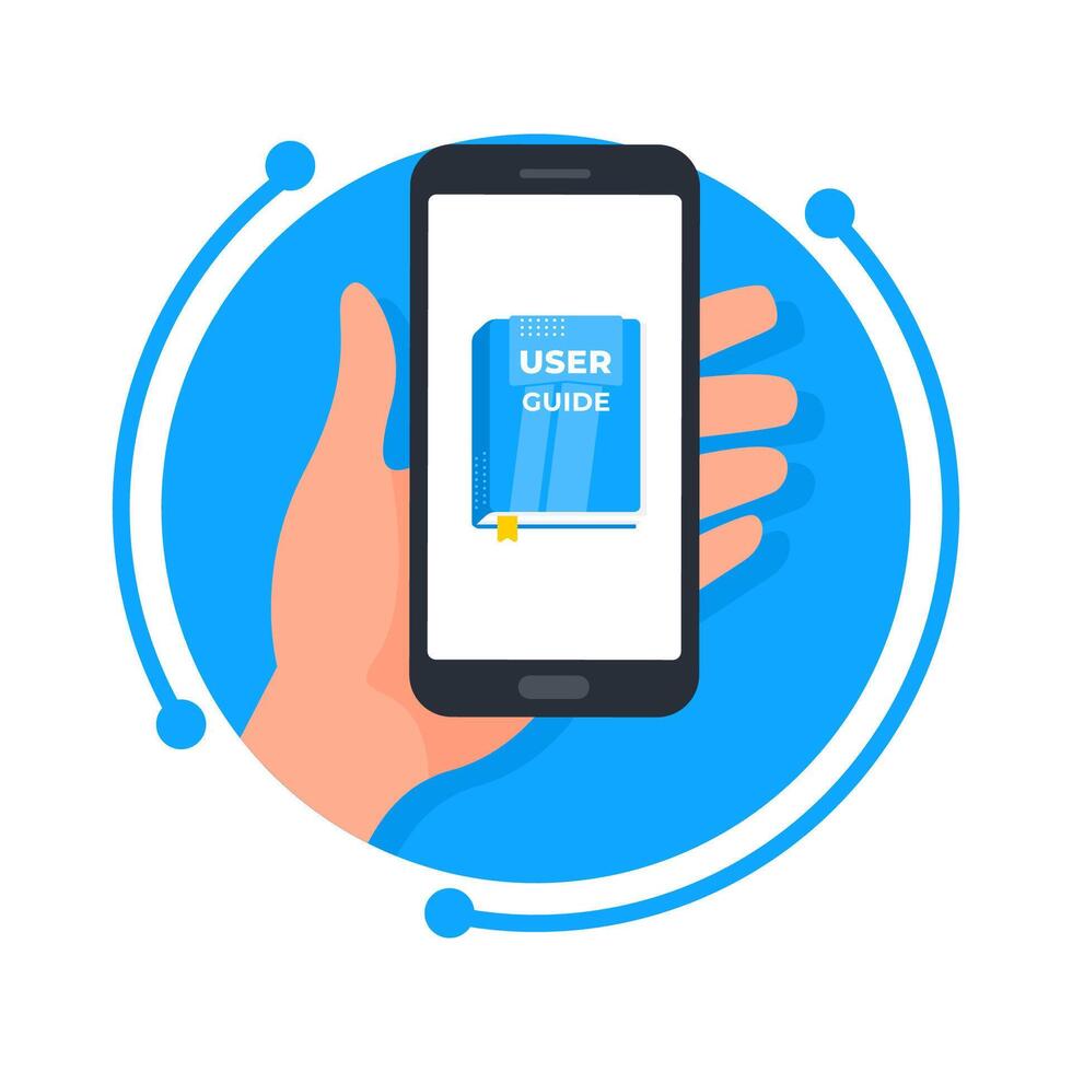 Hand holding smartphone showing user guide on screen, online manual, mobile application for reading instructions vector