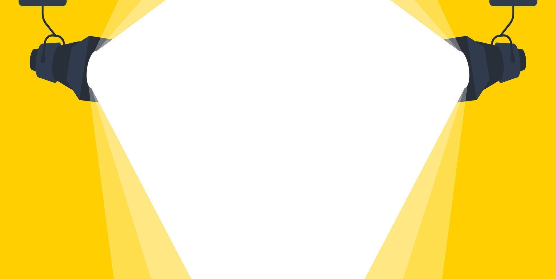 Bright spotlights shine on a white background fading into yellow, setting the stage for a show. Perfect for adding drama and excitement to any design or event vector