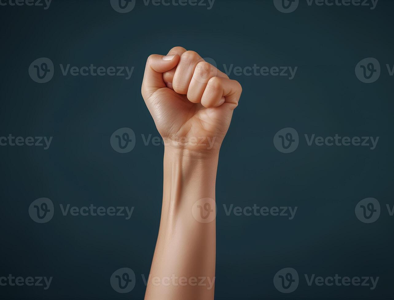 Close-up on fist raised up in the air on studio background photo