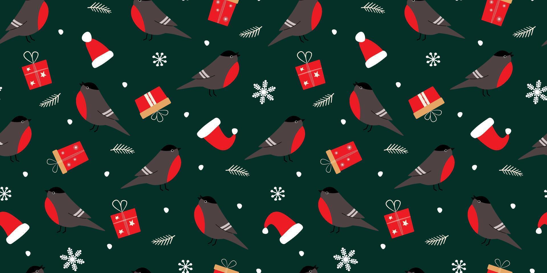 Seamless pattern with winter holiday print. Birds bullfinches gifts, against a background of snowflakes. vector