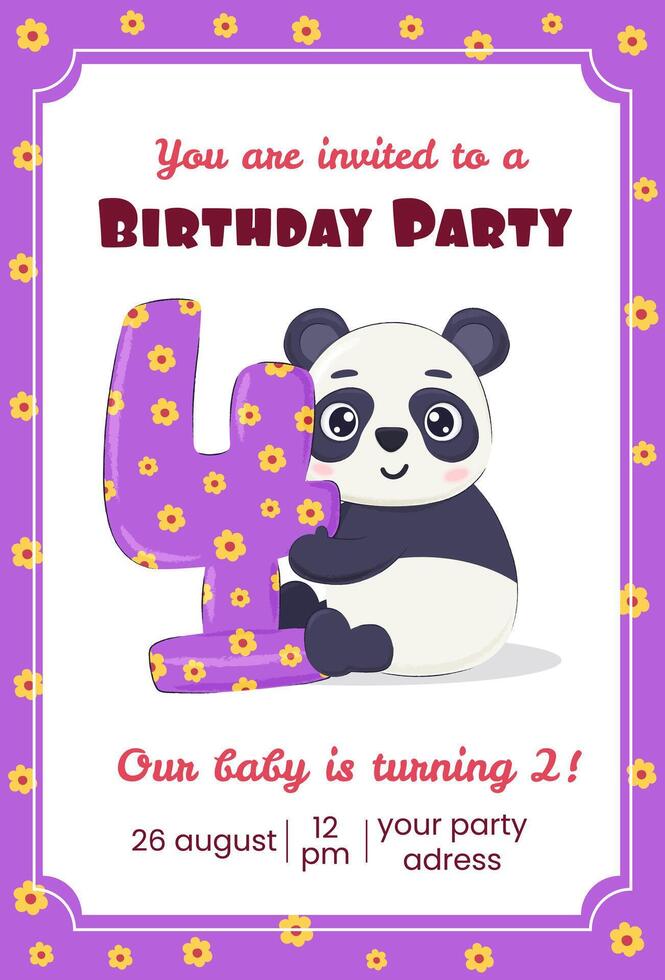 Children's party invitation with cute panda bear holding number 4. Birthday poster with animal concept. vector