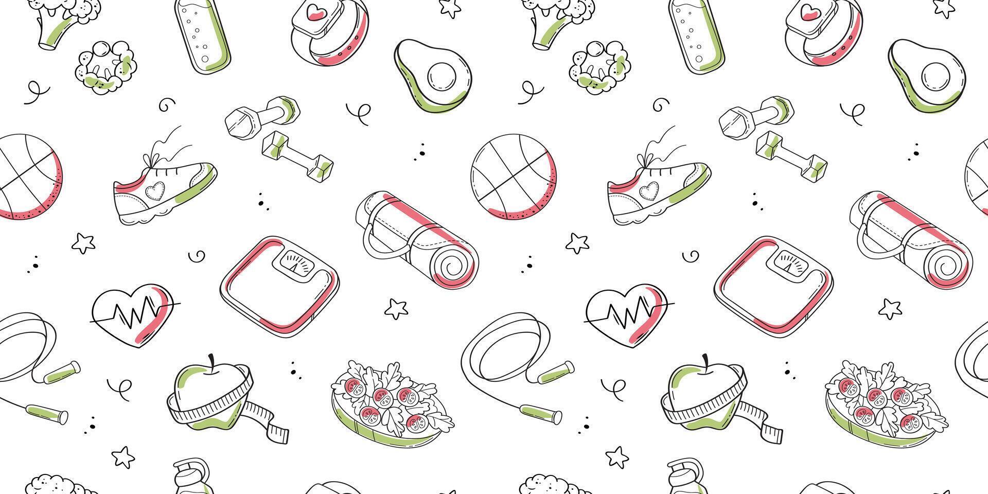 Doodle gym and healthy food sketch seamless pattern background. Hand drawn sketch doodle sport, gym fit exercise equipment background. vector