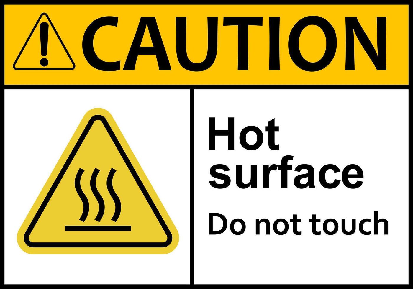Hot surface sign. Surfaces that can cause burns on contact. Warns workers and visitors to avoid contact with hot surfaces. Do not touch. High surface temperature. Do not contact. Caution, risk burns. vector