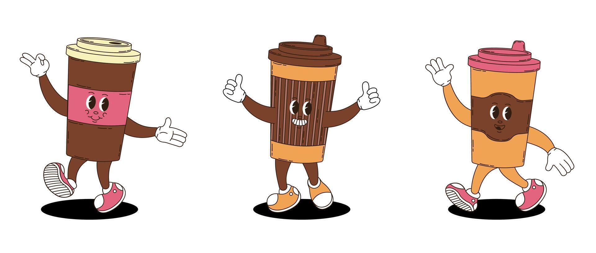 Coffee in paper cups. Set of coffee in retro groovy style. vector