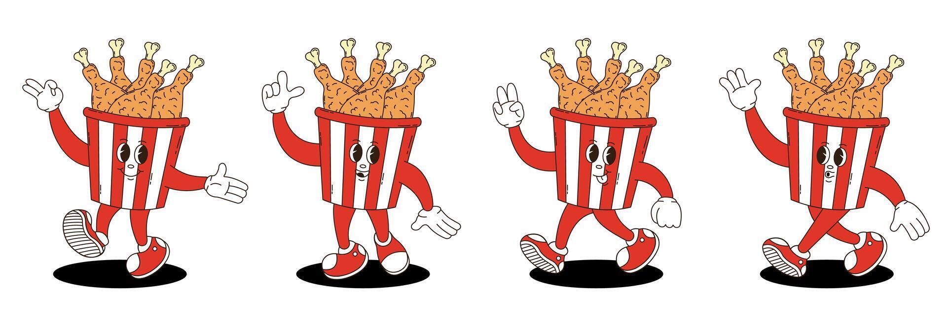 Fried chicken legs in a paper bucket characters set in retro groovy style. vector
