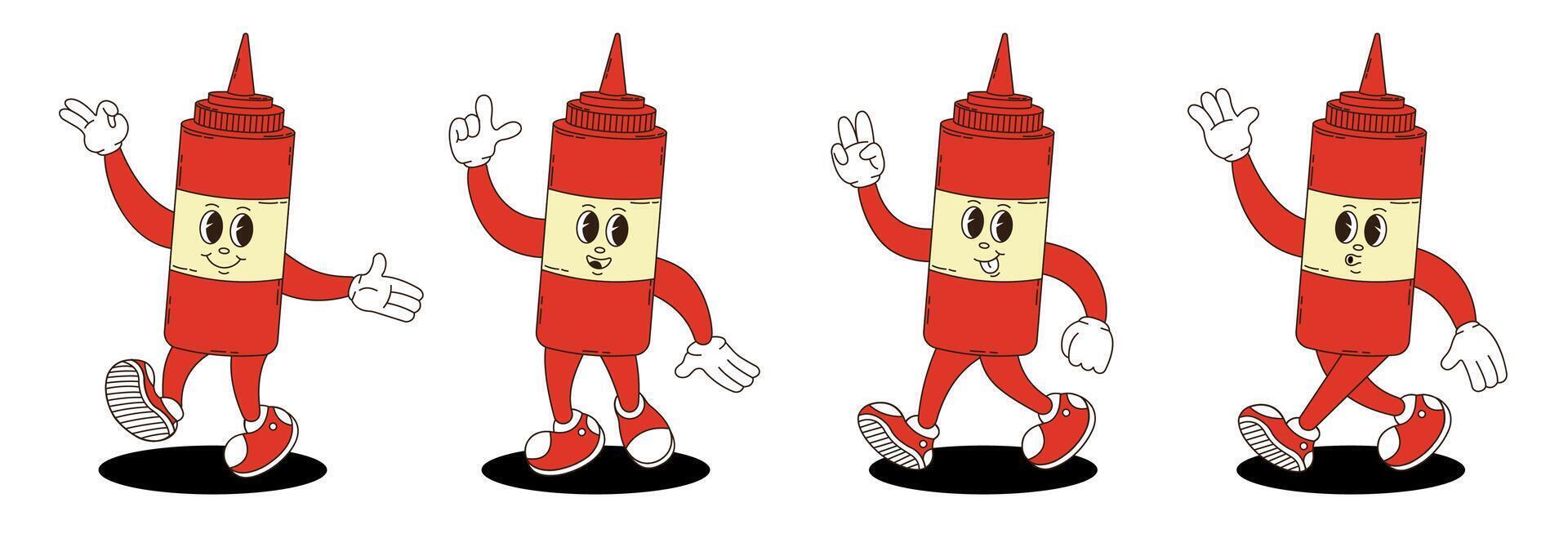 Retro groovy ketchup characters set. vector