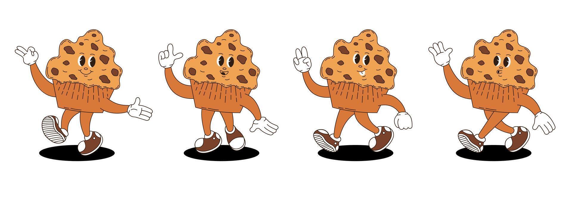 Chocolate cupcake characters set in retro groovy style. vector