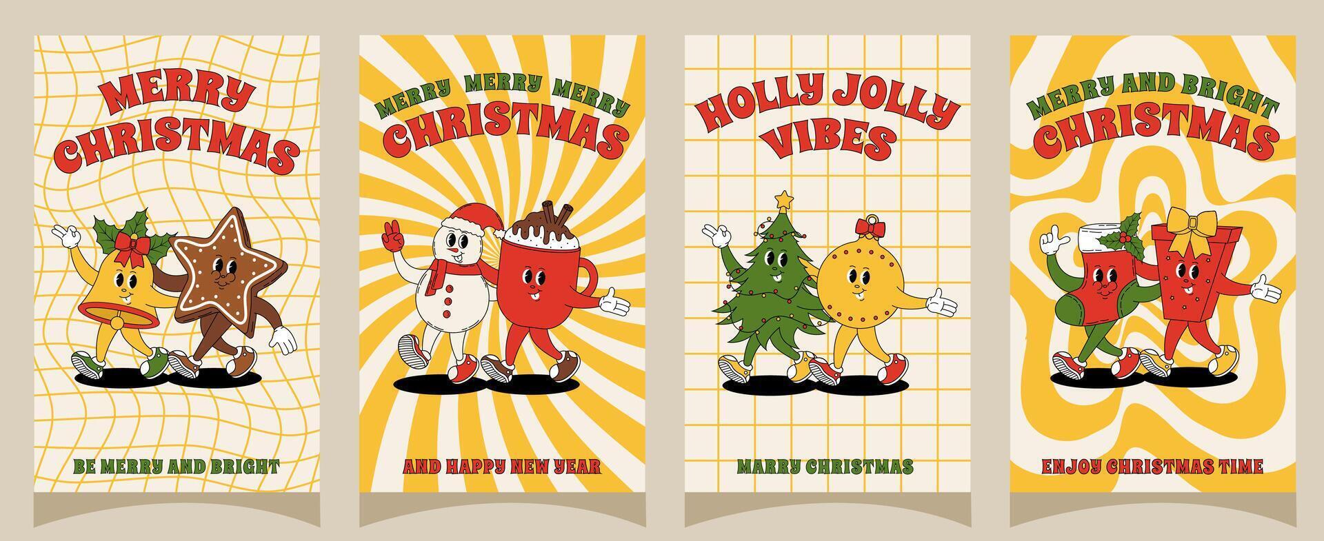 Groovy retro Merry Christmas and Happy New year posters. Set of christmas characters for posters, party invitations, greeting cards, stories template, postcard, prints in groovy style. vector