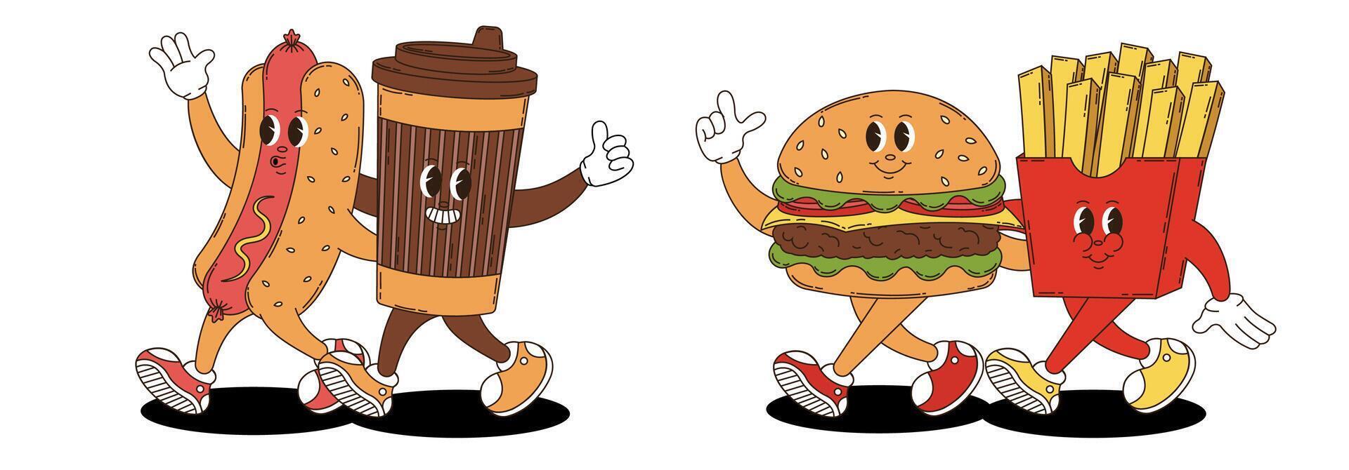 Coffee, hotdog, hamburger, fries in retro groovy style. Set of fast food. vector