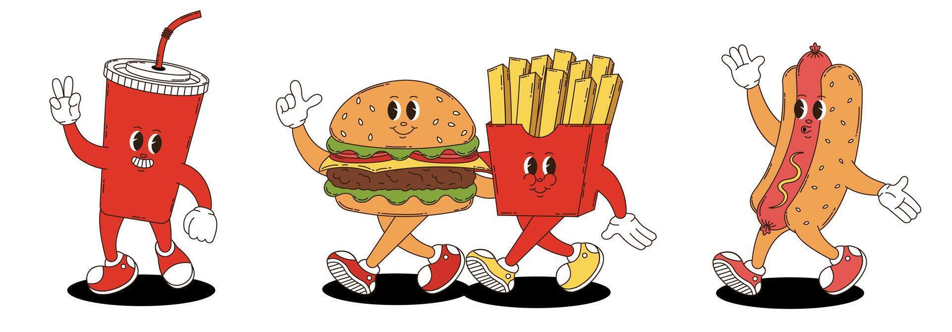Soda, hotdog, fries, hamburger in retro groovy style. Set of fast food. vector