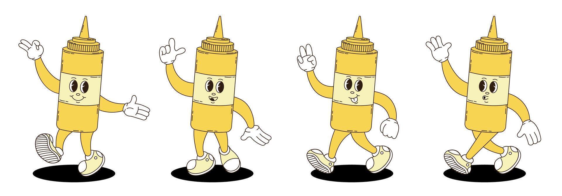 Retro groovy mustard characters set. vector