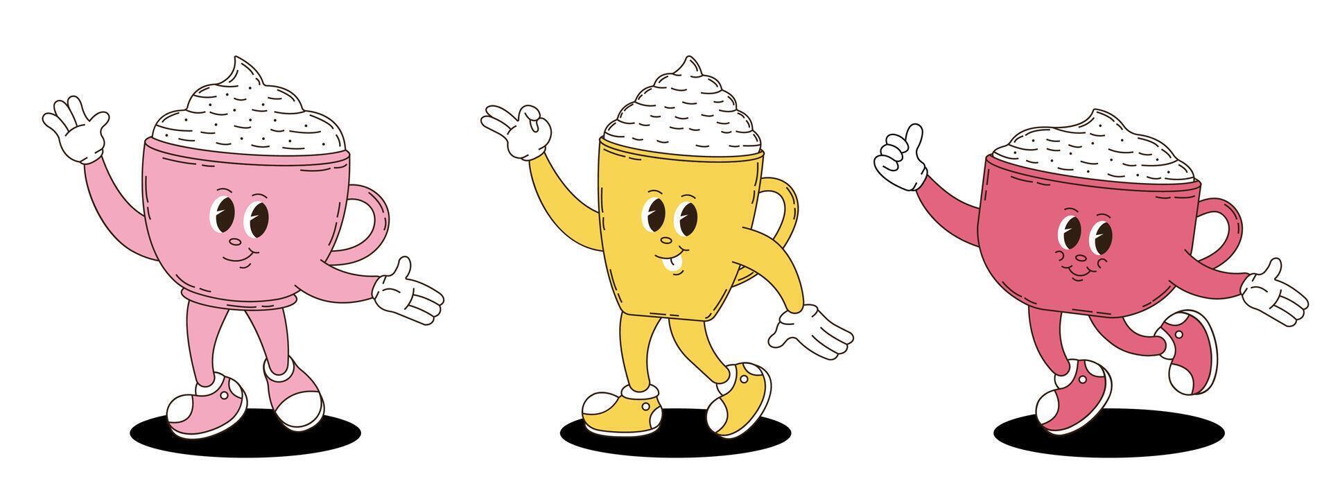 Coffee with foam and cream in different cups. Coffee set in retro groovy style. vector