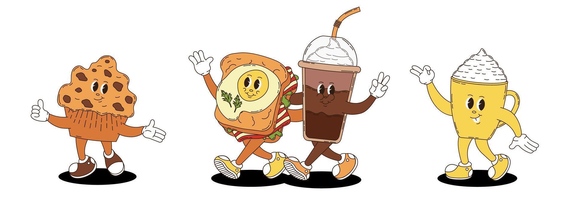 Coffee, cupcake, sandwich in retro groovy style. Set of fast food and desserts. vector