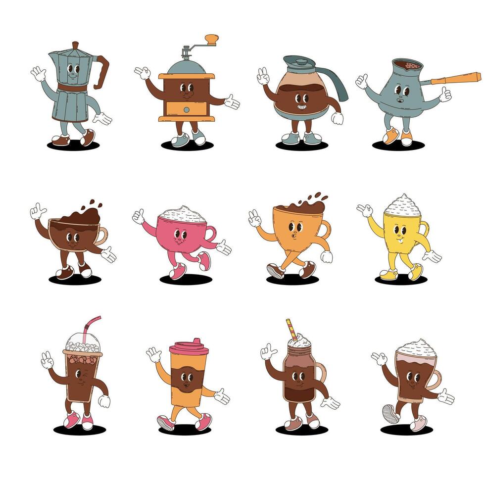 Set of various coffee drinks in retro groovy style. Americano, latte, cappucino, coffee pot, coffee maker, cezve, coffee grinder and more. vector