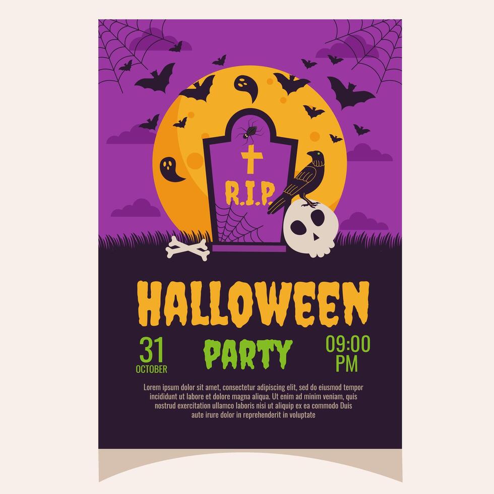 Halloween party invitation with cemetery, crow, skull and bones. Template for posters, greeting cards, cover. vector