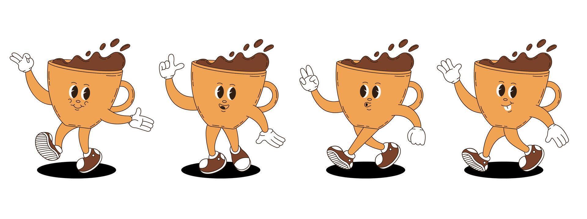 Coffee of different characters. Coffee set in retro groovy style. vector