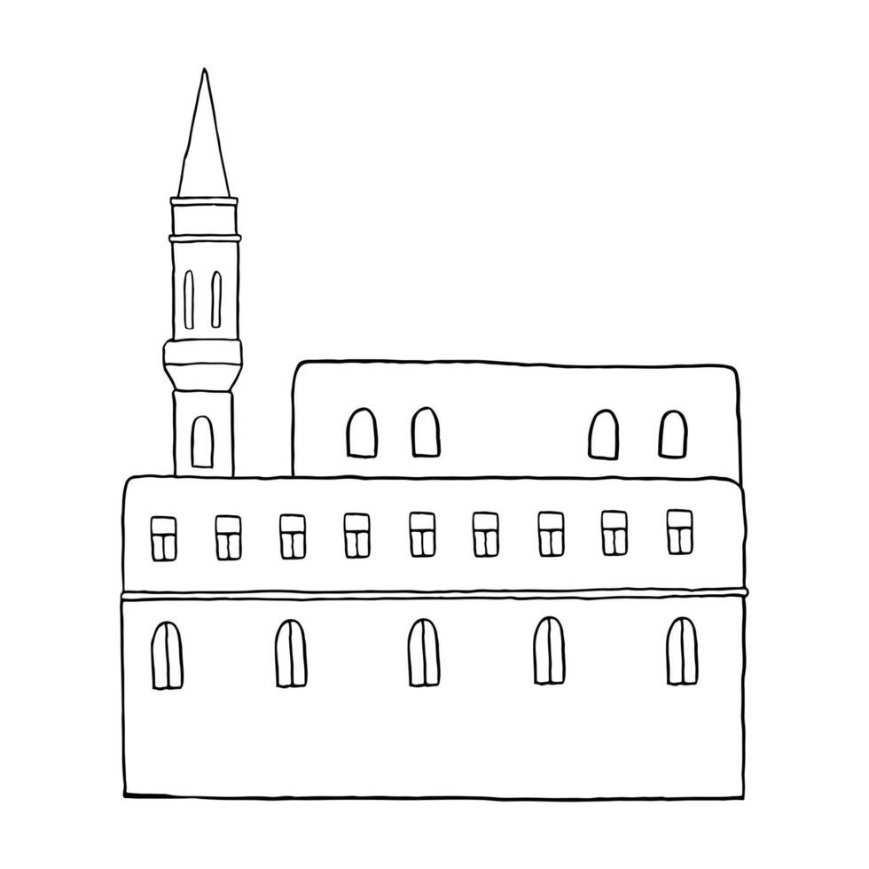 Southern Europe building with tower in Mediterranean flat illustration. Simple line black and white house in Croatian, Montenegro or Slovenia for tourist designs and brochures vector