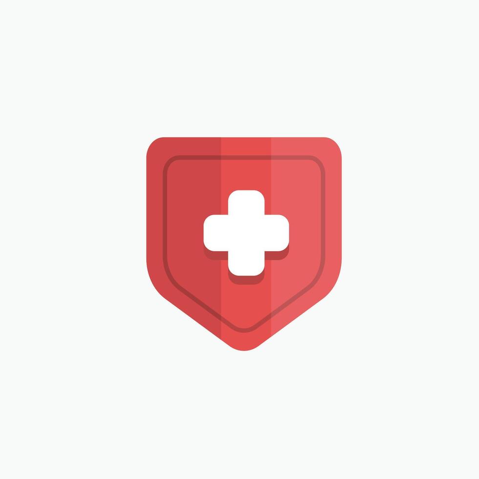 red shield with white plus sign in flat design. vector