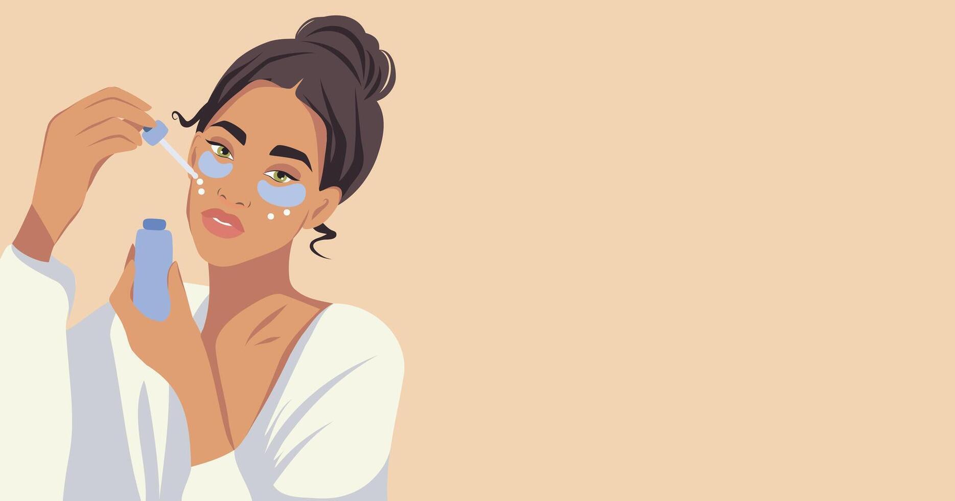 Facial skin care, a girl applies and advertises a cream serum. A woman takes care of her facial skin and advertises skin care products. flat illustration for advertising, website, banner vector