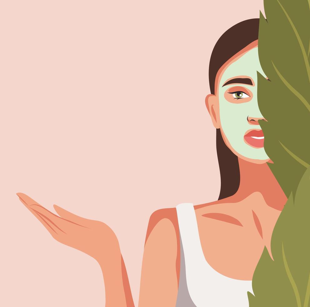 illustration of a girl in a mask advertising natural skin care cosmetics on a pink background and green leaves, a banner with a place for text for a website, a poster, cosmetics advertising vector