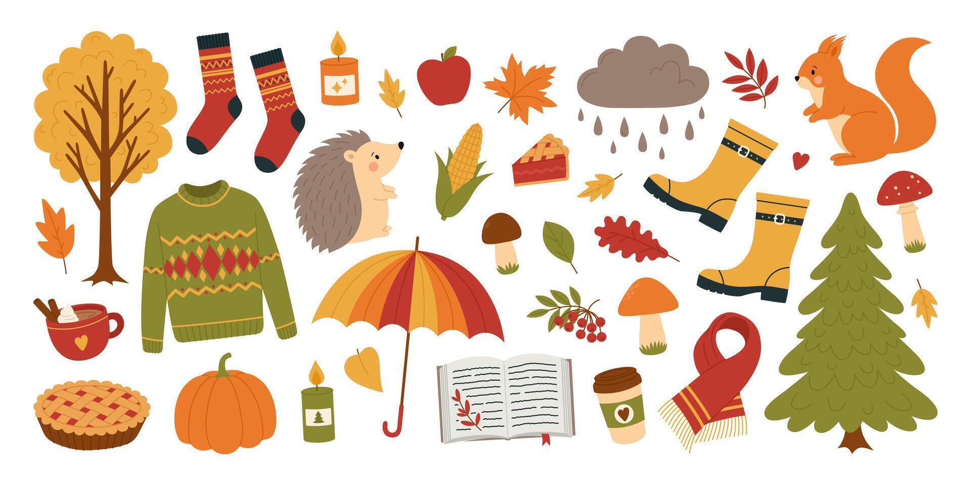Cozy autumn elements set. Colorful collection with leaves, mushrooms, trees, pumpkin, sweater, rubber boots, animals and other stickers. Fall season. Illustration isolated on white vector