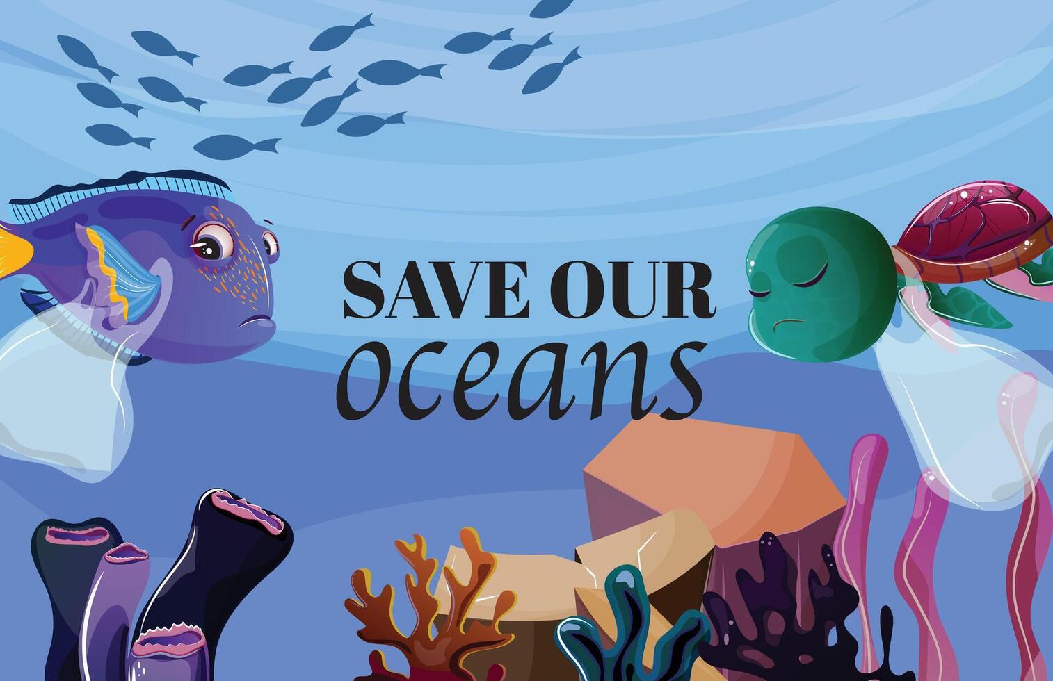 Horizontal banner with a sad blue tang fish and turtle with plastic bags, coral reefs, and the text Save our oceans vector