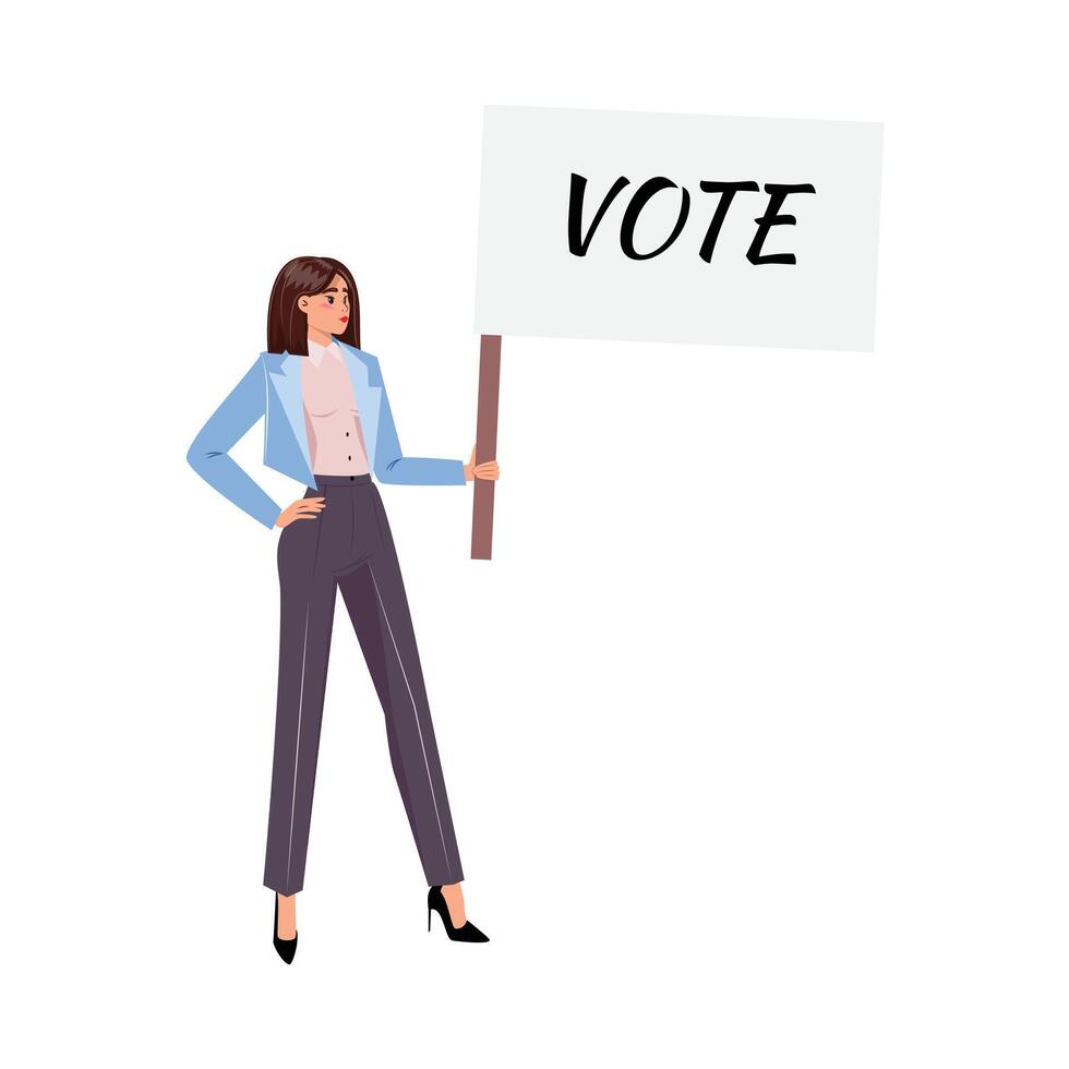 Female candidate in a suit displaying a Vote sign, promoting participation in elections vector