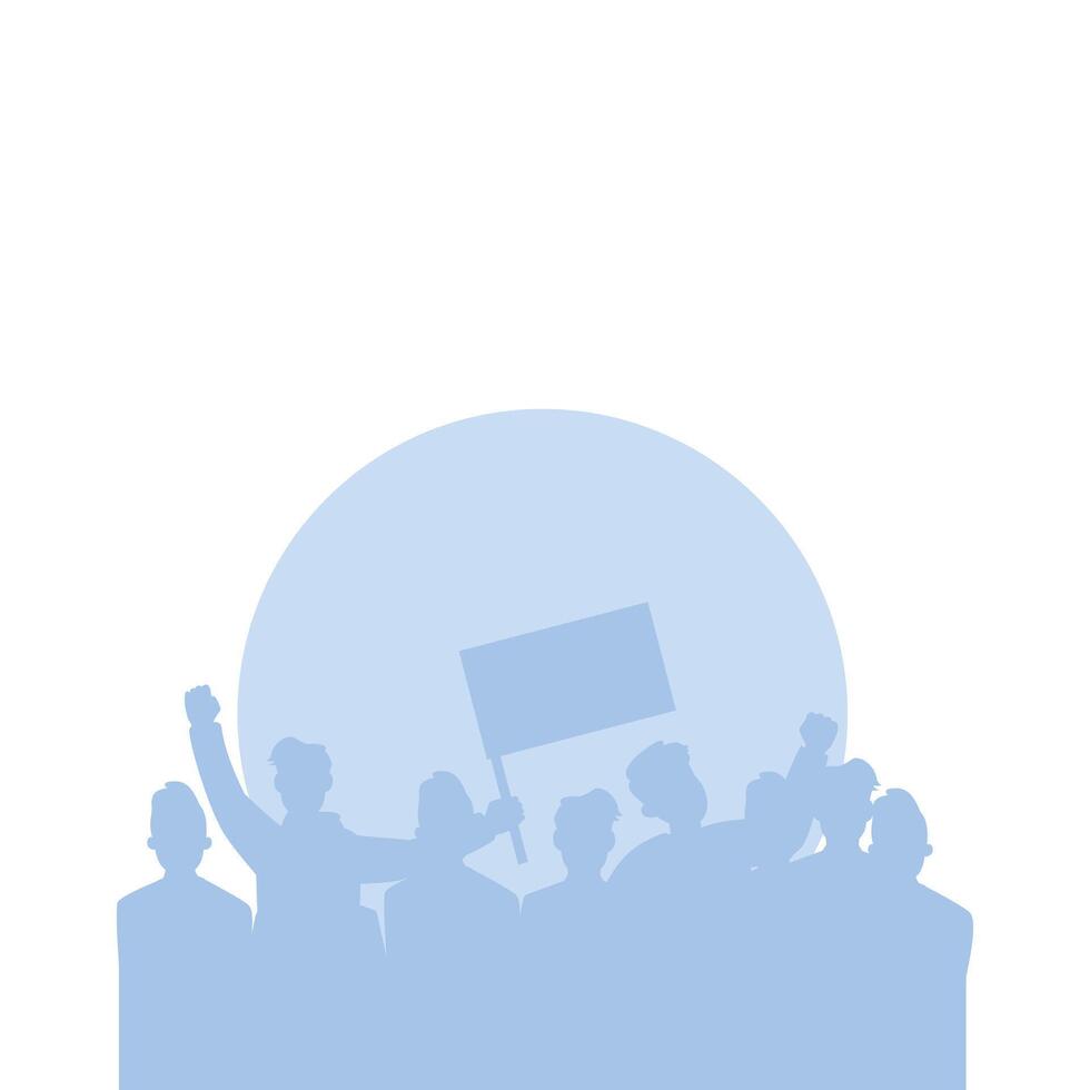 Blue colored activist crowd silhouette, flags waving and fists raised in protest vector