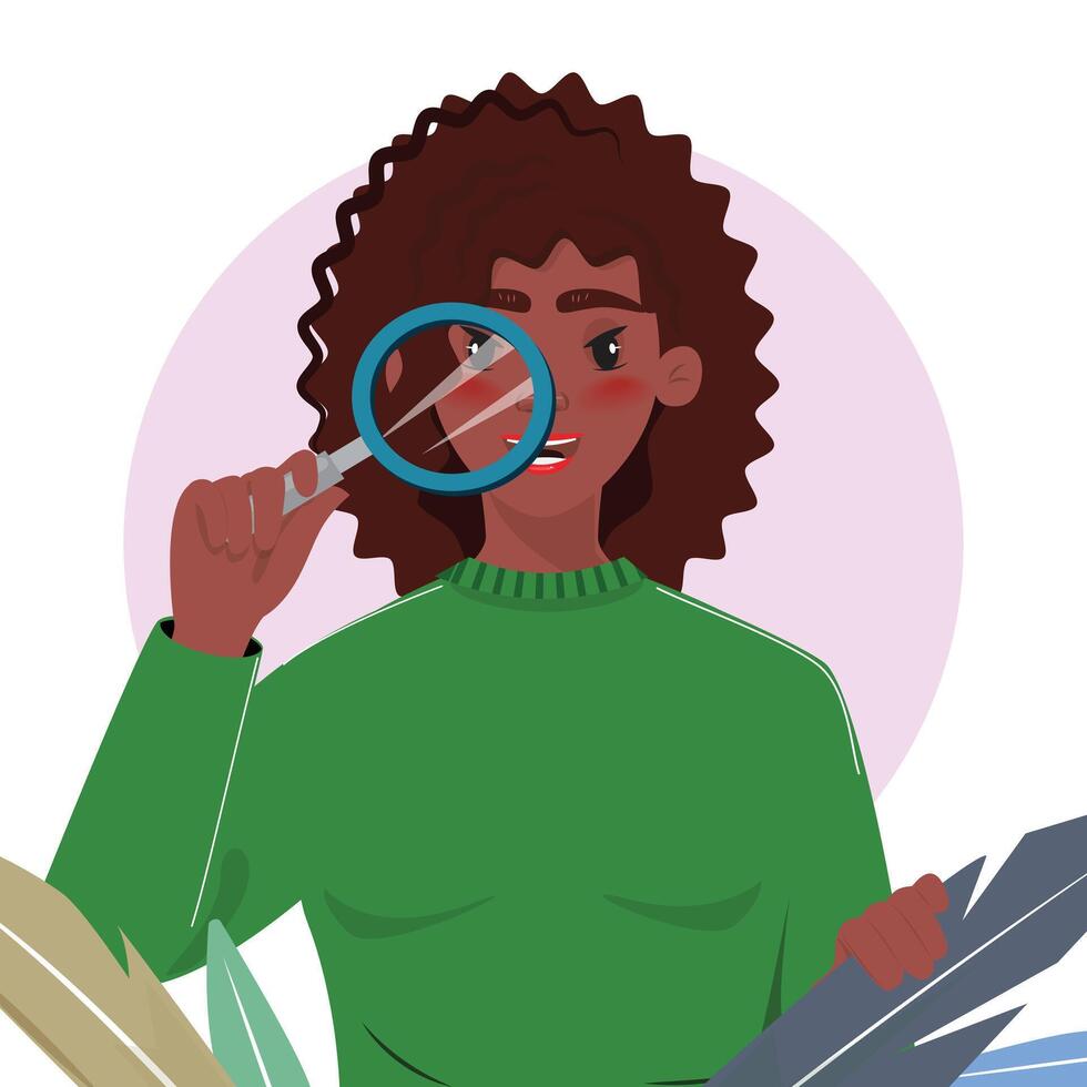 Black woman with magnifying glass in hand, examining closely, with leaves in the background vector