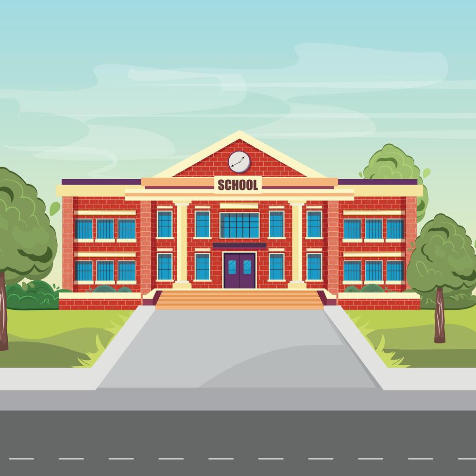 Brick school building facing a road, with a cloudy sky backdrop, ideal for back-to-school visuals vector