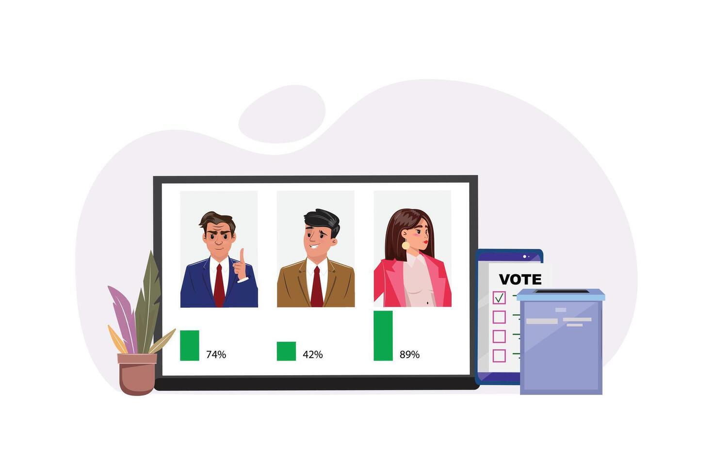 Candidates ratings displayed on a screen, woman leading. Voting box and plant beside the screen vector