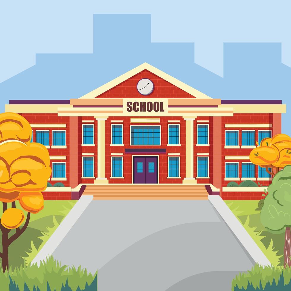 Pathway to a school building, trees and buildings in the background, sunny back to school concept vector