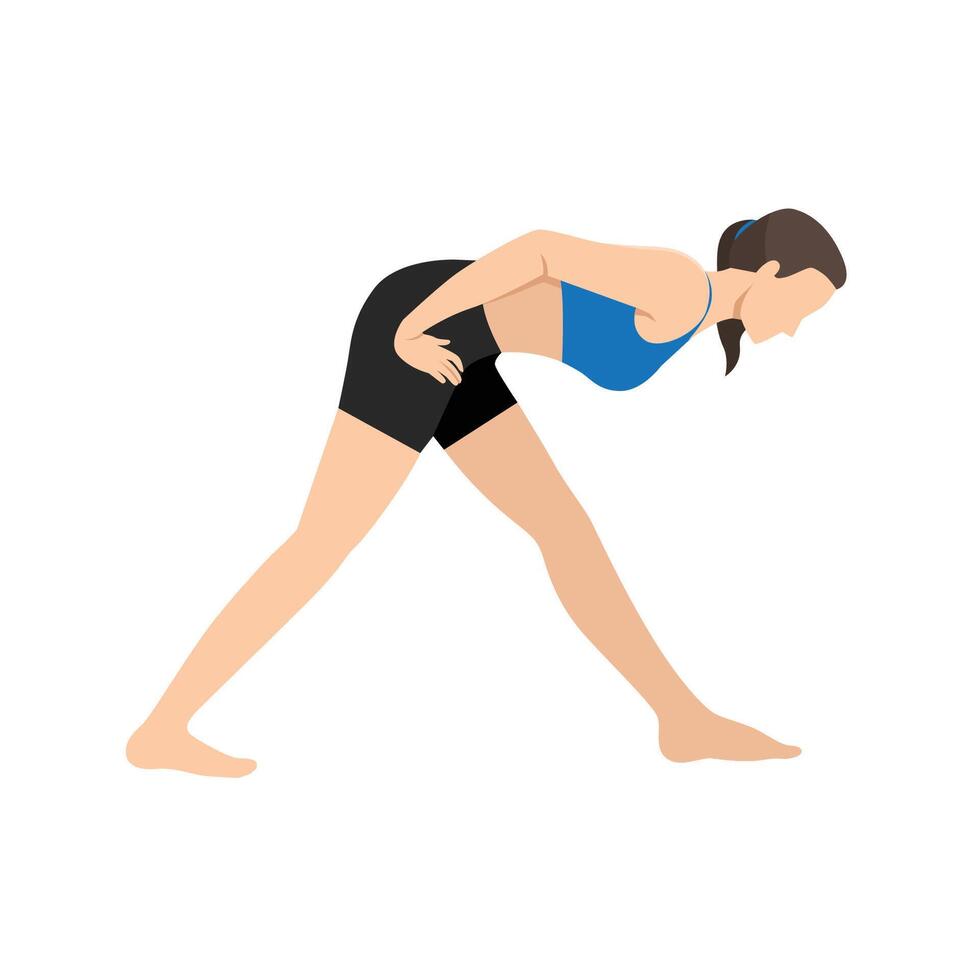 Woman doing Intense Side Stretch Pose Hands on Hips or Parsvottanasana Hands on Hips. vector