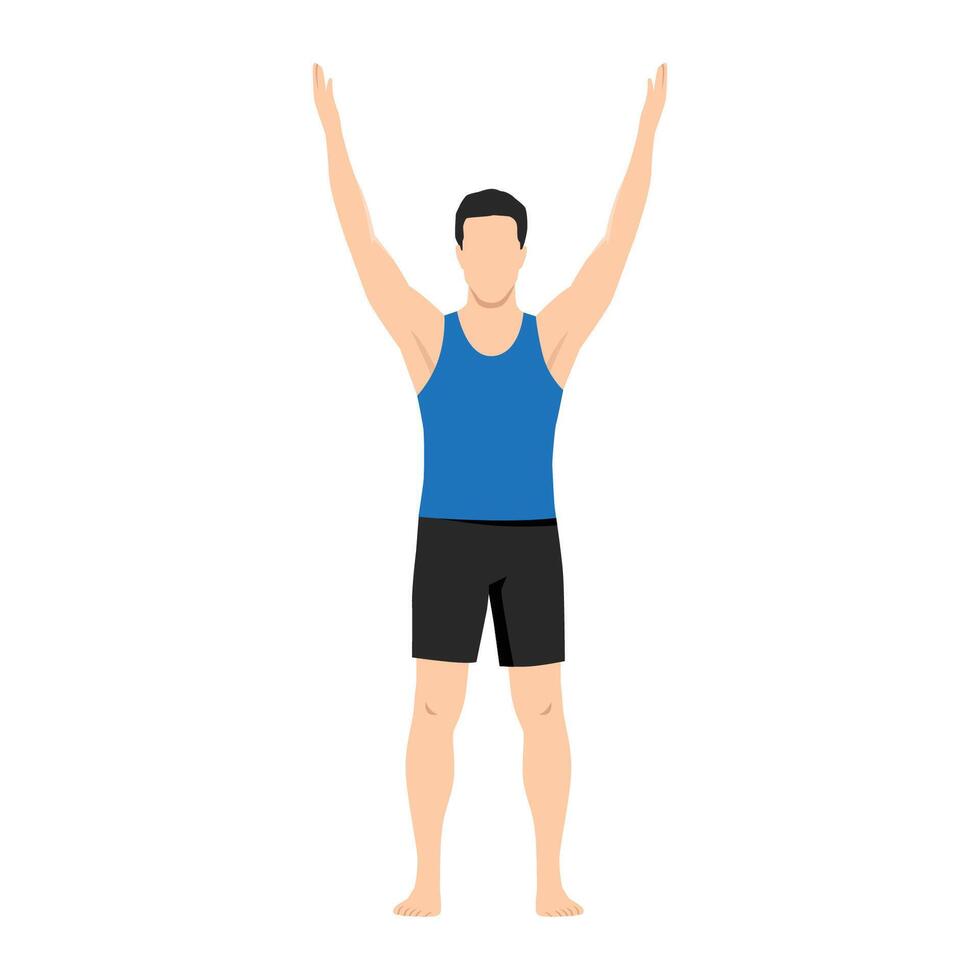 Man doing Volcano Pose, Upward Hand Pose, Upward Salute Pose or Tadasana Urdhva Hastasana. vector