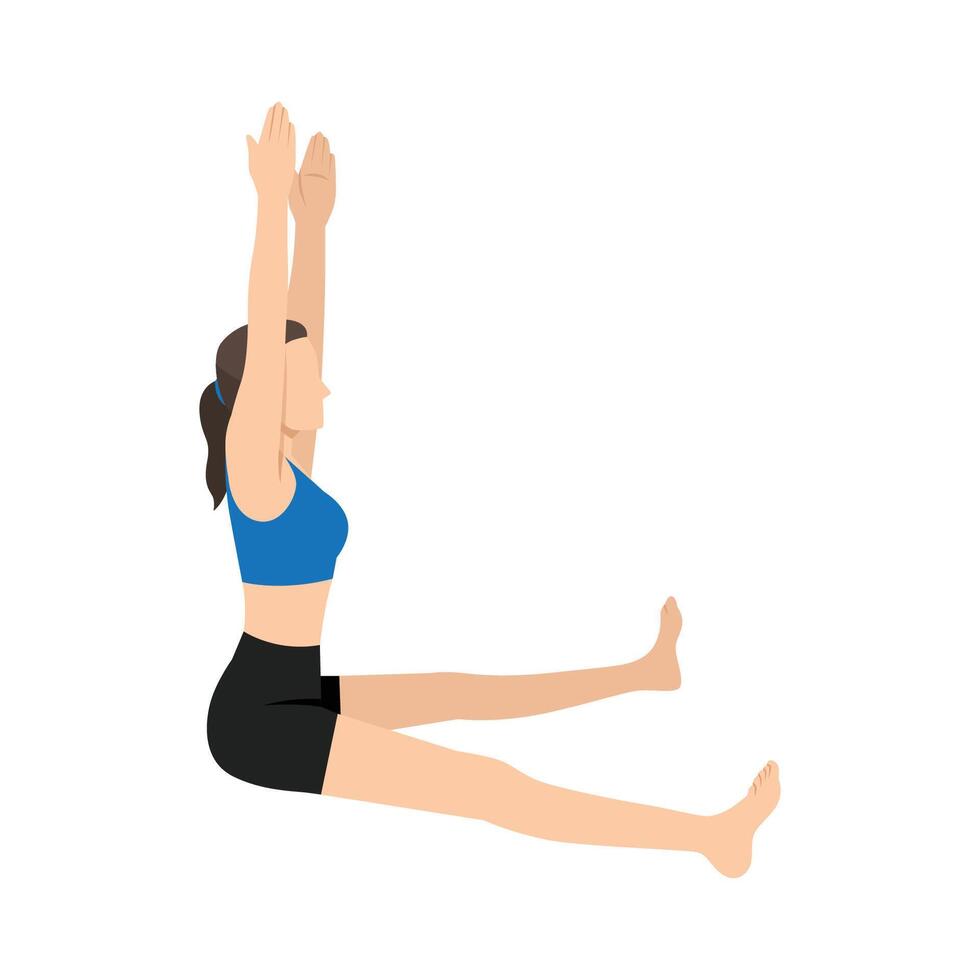 Woman doing Seated Straddle Pose Arms Raised or Upavistha Konasana Uttana Hasta. vector