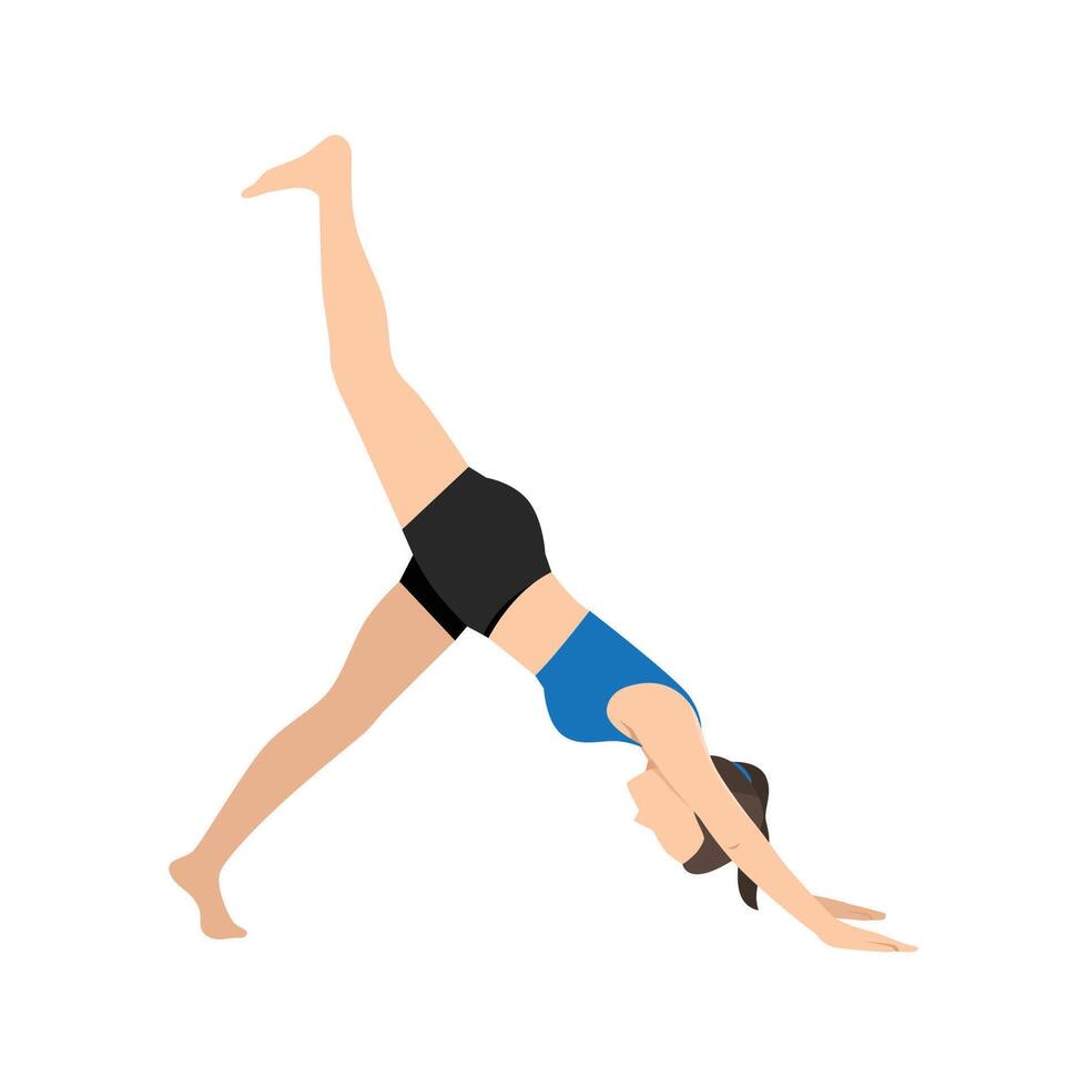 Woman doing Downward Facing Dog Split Pose, Down Dog Split, Eka Pada Adho Mukha Svanasana. vector