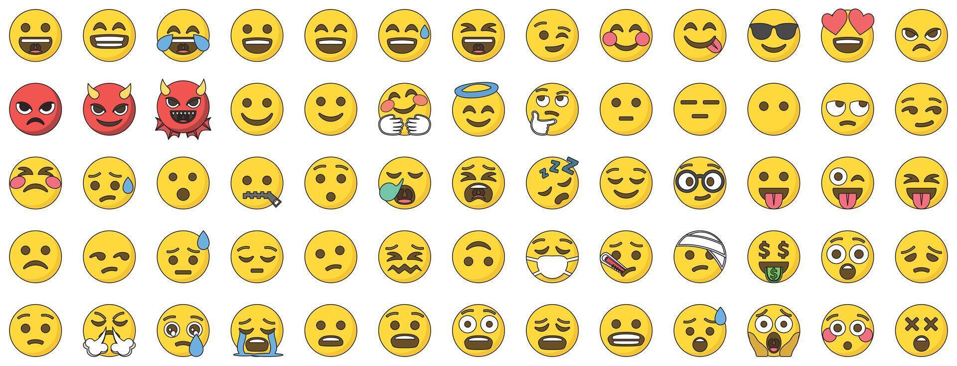 Set of 65 emoticon smile icons, outline color style. vector