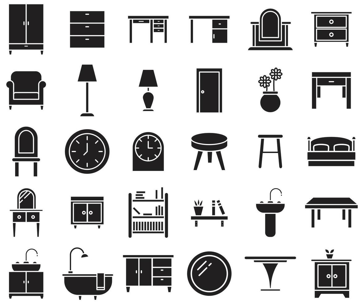 Furniture and household Black icon set vector