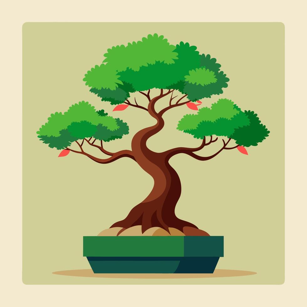 A minimalist composition features a single bonsai tree positioned in the center of the frame. The meticulously pruned branches and the tiny green leaves create a sense of tranquility and balance. The vector