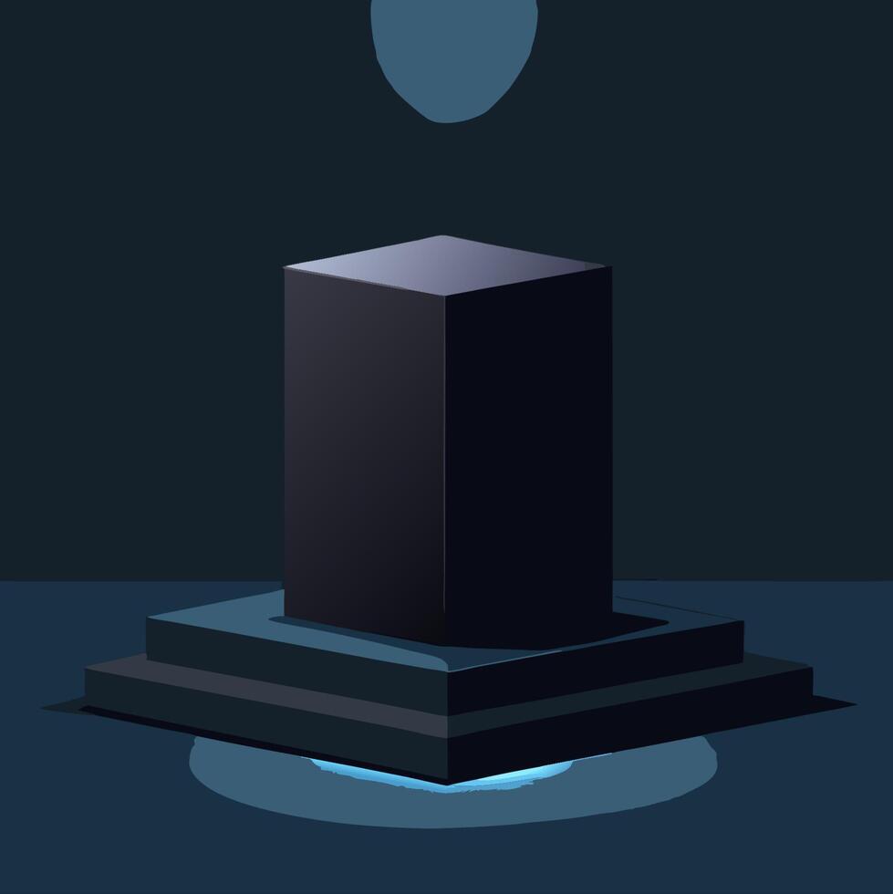 Elegant black cube stand for product placement mockup. Dark podium exhibition scene background. Minimal box platform showroom with spot light. vector