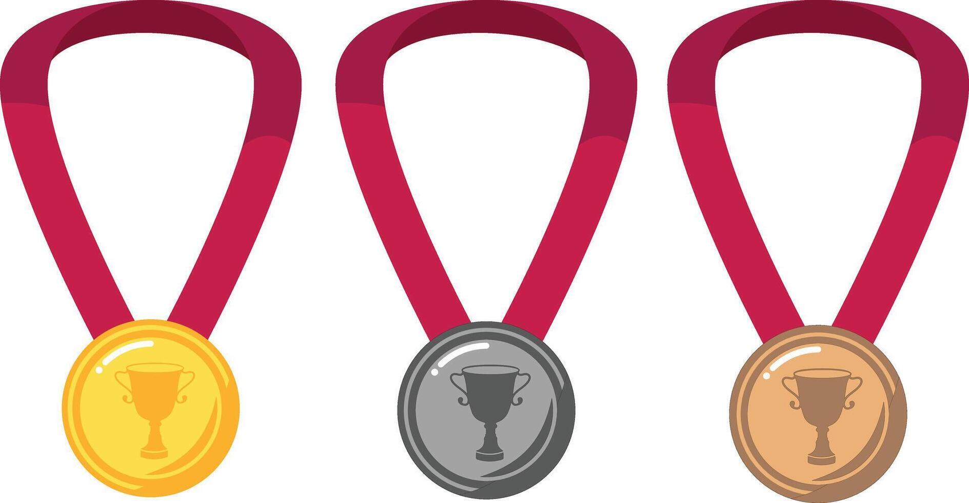 three gold, silver and bronze medals with ribbons vector