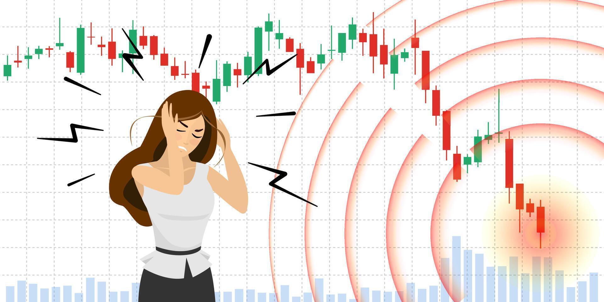 Panic businesswoman on stock index chart falling and investor financial crisis banner. Stress woman on exchange market trading decreasing data fall down graph. Bankruptcy and business failure concept vector