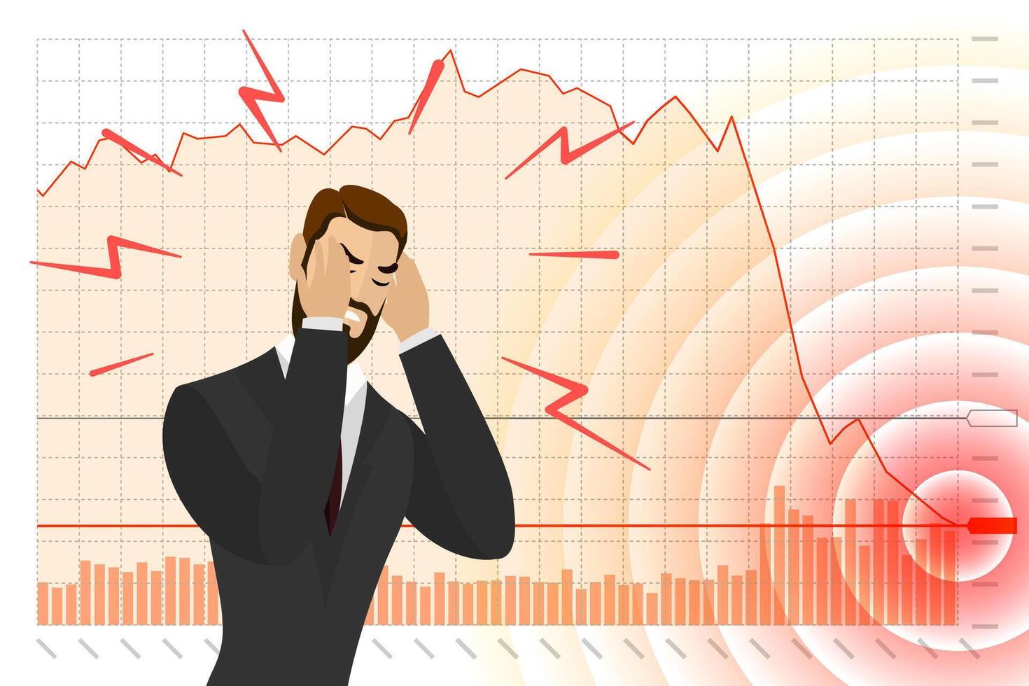 Sad businessman trader on stock index chart falling and investor finance loss banner concept. Stressed business man broker on exchange market trading decreasing data fall down graph. Economic crisis vector