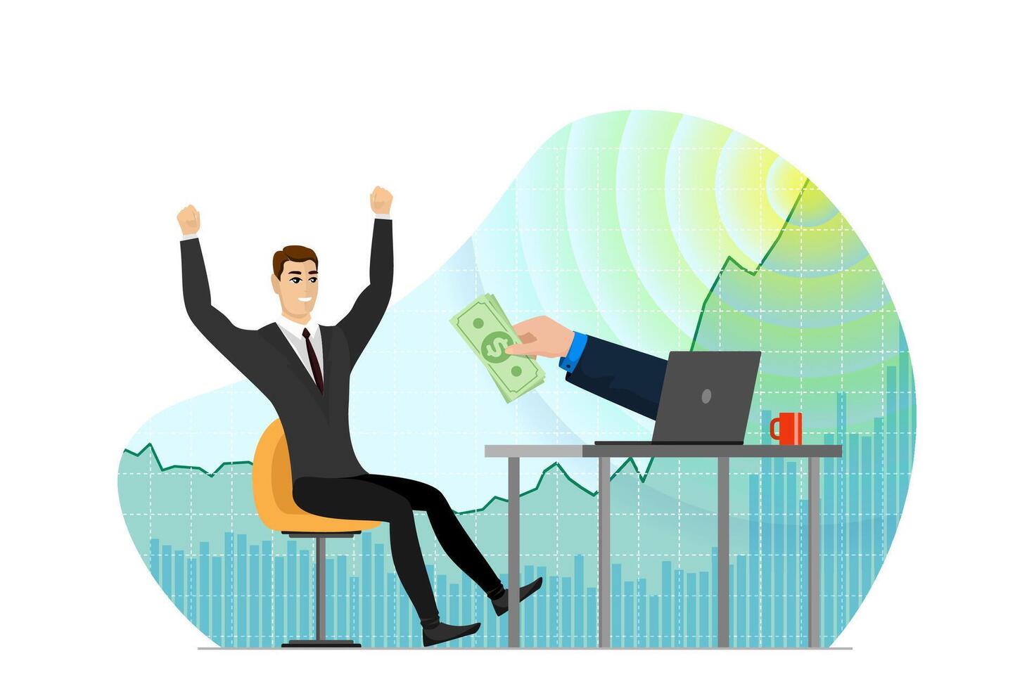 Joyful businessman trader get money on backdrop of rising stock market index chart. Financial investment growth. Business man makes trading income profit. Passive earning concept. Coin gain concept vector