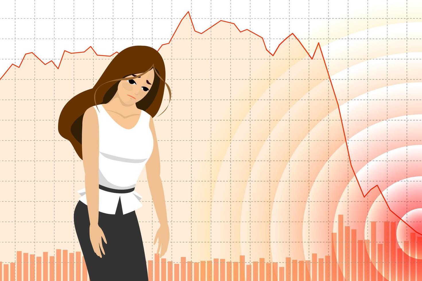 Sad businesswoman on stock index chart falling and investor finance loss banner. Stressed business woman on exchange market trading decreasing data fall down graph. Bankruptcy concept. Eps vector