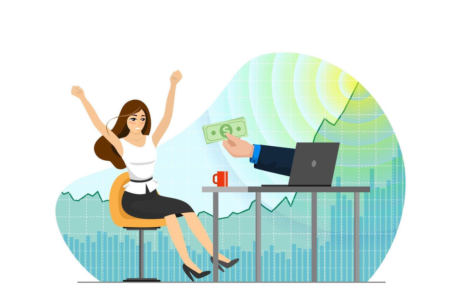 Joyful businesswoman trader get money on backdrop of rising stock market index chart. Financial investment growth. Business woman makes trading income profit. Passive coin gain earning concept. Eps vector