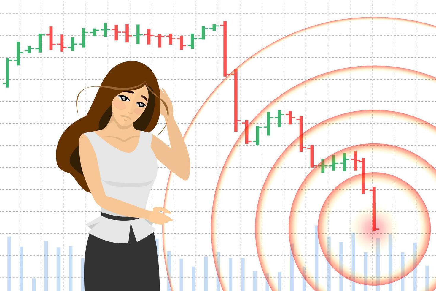 Panic businesswoman on stock index chart falling and investor financial crisis banner. Stressed woman on exchange market trading decreasing data fall down graph. Bankruptcy and loss of money concept vector
