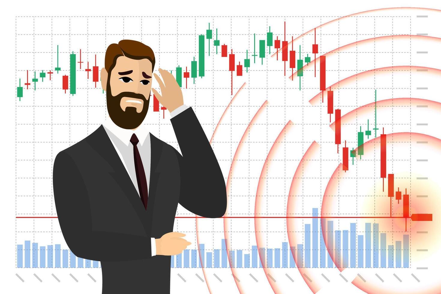 Sad businessman trader on stock index chart falling and investor finance loss banner concept. Stressed business man broker on exchange market trading decreasing data fall down graph. Money losing. Eps vector